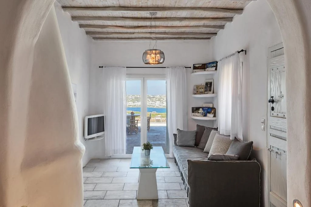 Whitewashed walls and built-in seating